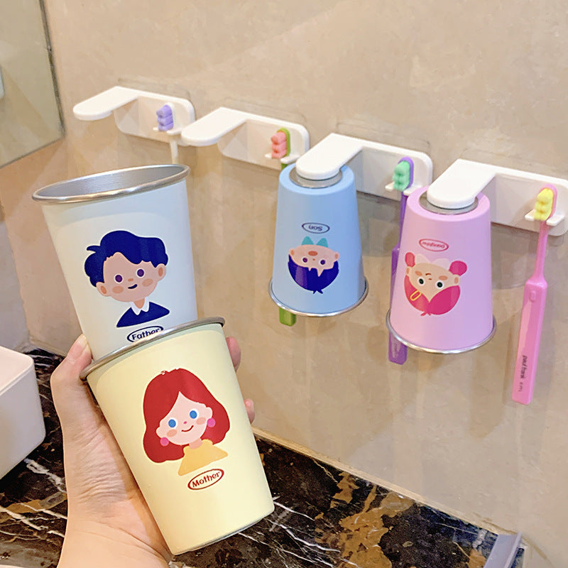 Punch-Free Cartoon Family Toothbrush Holder and Mouthwash Cup Set for Kids and Adults