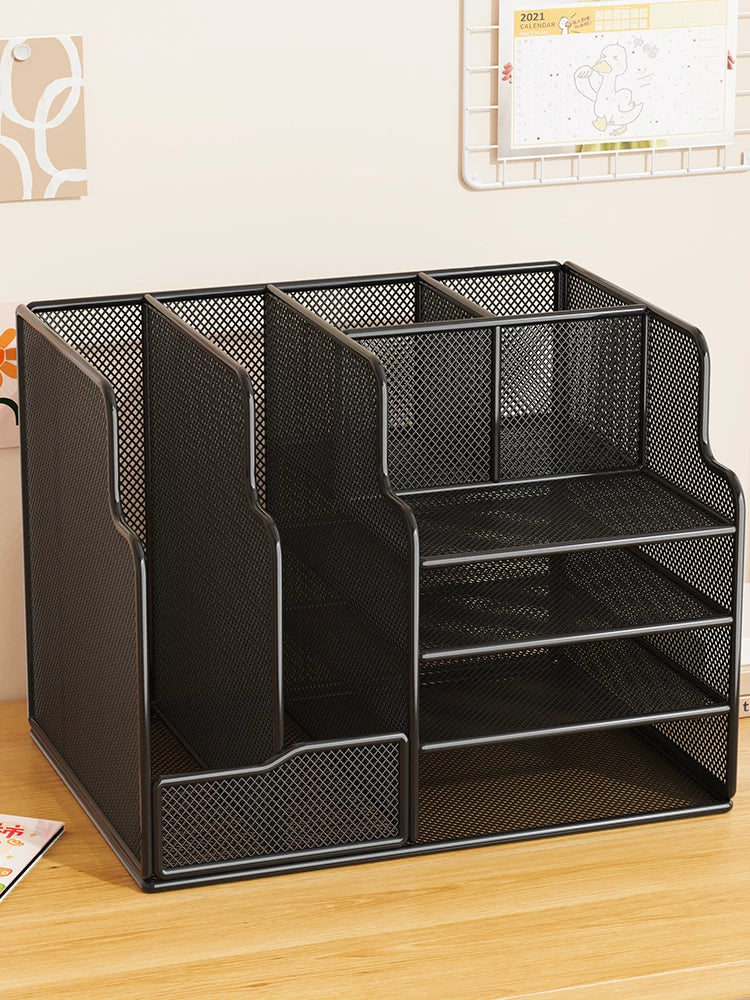 Desktop File Organizer with Pen Holder, Metal Bookend for Office and Student Supplies