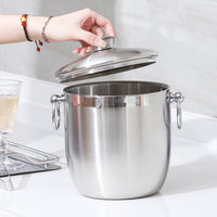 European Style 304 Stainless Steel Double-Layer Ice Bucket Champagne Wine Cooler with Ice Tongs for Hotel Display
