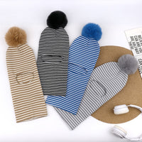 Kids' Striped Knit Beanie with Scarf Set, Winter Warm Hat with Pom-Poms