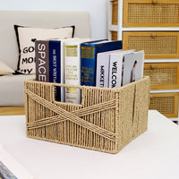 Handwoven Paper Rope Storage Basket with Window, New Chinese Style Cross-Woven Organizer for Living Room and Bedroom