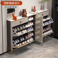 Ultra-Thin 17cm Entryway Shoe Cabinet with Rock Slab Top, Space-Saving Flip-Drawer Design
