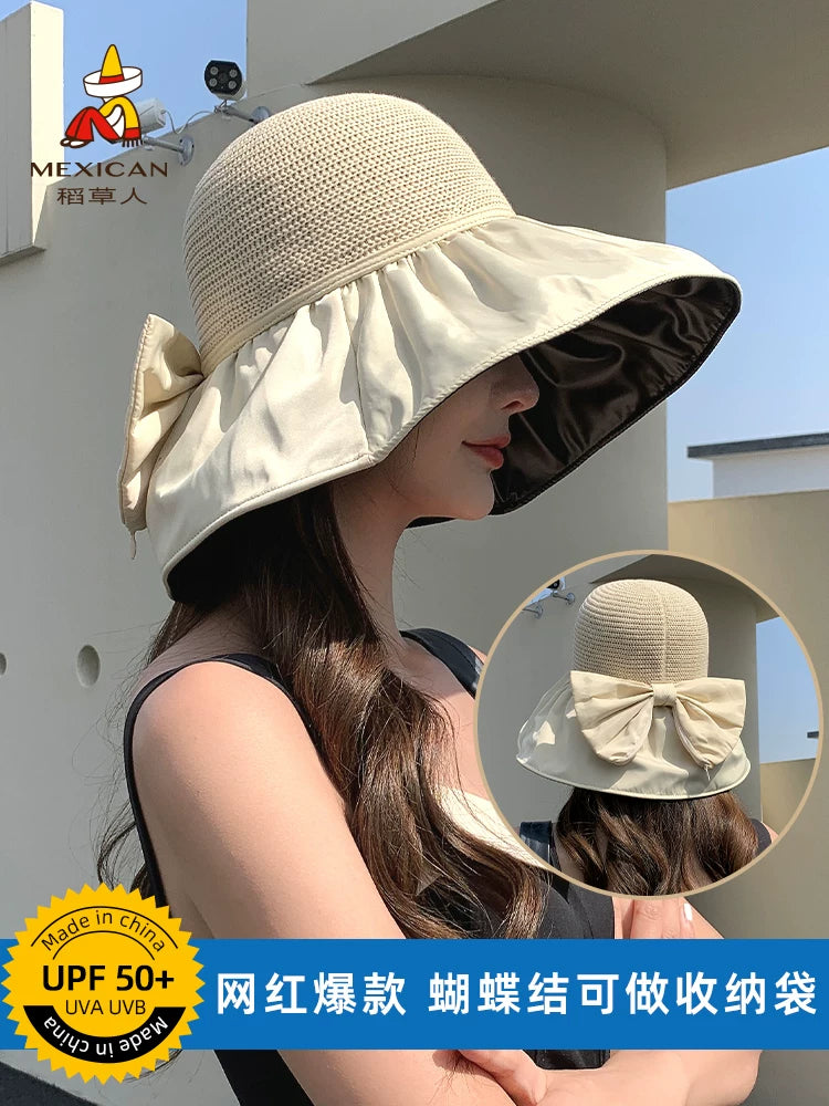 Women's Straw Sun Hat with UV Protection and Wide Brim, Foldable Fisherman Style