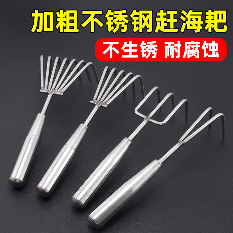 Stainless Steel Hand Rake with Welded Handle, Multi-Tooth Garden Tool for Loosening Soil, Clamming, and Gardening