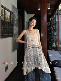Sanjihua Knitted Sleeveless Dress for Women, Summer Floral Ice Silk Hollow Out