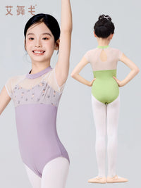 Girls' Short Sleeve Ballet Leotard with Mesh Skirt & Shorts Set, Embroidered Dance Practice Outfit