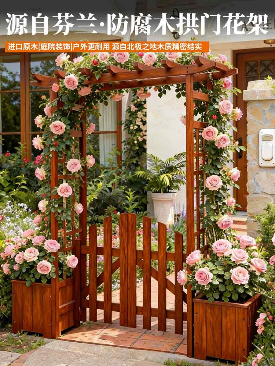 Outdoor Wood Archway Arbor with Gate for Climbing Plants, Garden Trellis for Roses and Vines
