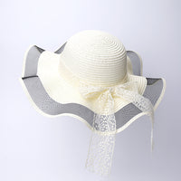 Women's Ruffled Wide Brim Sun Hat with Pearl Ribbon for Beach Vacation