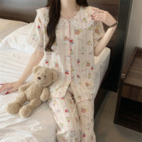 Cute Cloud Cotton Pajama Set for Women, Doll Collar Short Sleeve Top & Long Pants Homewear