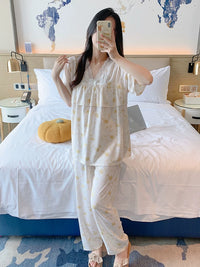 Women's Ruffled Short Sleeve Long Pants Pajama Set, Cotton Blend, Anti-Chafe, Summer Homewear