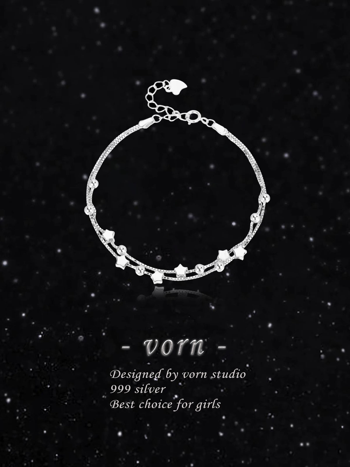 VORN S999 Sterling Silver Star Double-Layer Beaded Bracelet for Women