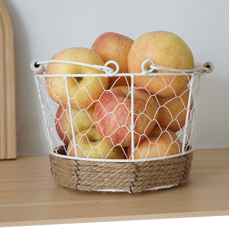 Hand-Woven Iron Wire Storage Basket Vintage Rustic Style Round Organizer Bin