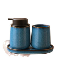 Vintage Ceramic Bathroom Vanity Set - Lotion Dispenser, Tumbler, and Tray