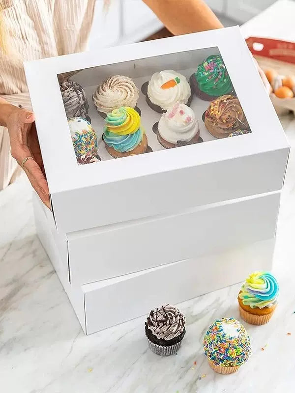 12-Cavity Cupcake Muffin Dessert Boxes with Clear Window and Inserts, Disposable Paperboard Pastry Packaging for Bakeries