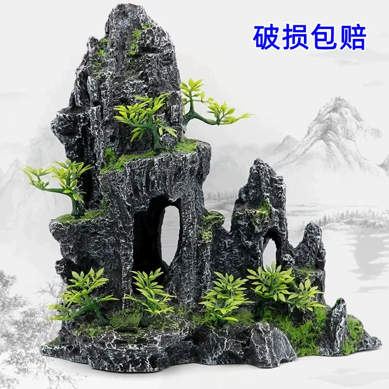 Aquarium Mountain Ornament Resin Fish Tank Decoration Rockery Landscape for Turtle Habitat