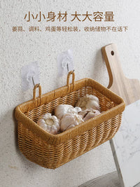 Hand-Woven Imitation Rattan Storage Basket for Kitchen Garlic Ginger Onions Eggs Fruits Wall-Mounted