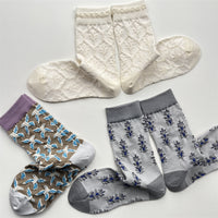 Vintage Bird & Oak Leaf Embossed Mid-Calf Cotton Socks for Women