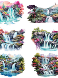 Watercolor Garden Pond Waterfall Landscape Cartoon Stickers for Journaling