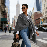 Solid Color Faux Cashmere Knit Poncho Shawl with Bar Detail