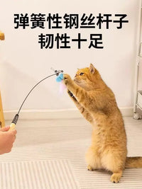 Cat Wand Toy with Bell and Feather Replacement Heads, Long Wooden Handle, Bite-Resistant Play Stick