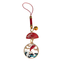Japanese Style Koi Crane Lucky Cat Keychain with Bell and Lanyard, Alloy Enamel Bag Charm Gift