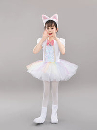 Kids' Sequin Cat Costume Set with Headpiece, Tail, and Foot Covers for Dance and Stage Performances