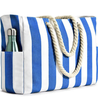Striped Quick-Dry Beach Tote Bag with Storage Pouch