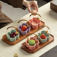 Chinese Ceramic Divided Snack Plate with Wooden Handle and Serving Bowls