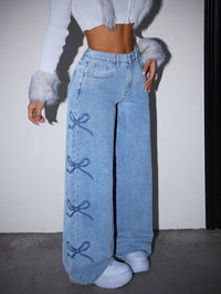 Y2K High-Waisted Washed Denim Jeans with Bow Detail