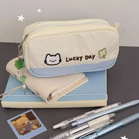 Cute Lucky Four-Leaf Clover Embroidered Cat Pencil Case Large Capacity Stationery Pouch Desk Organizer