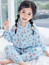 Girls' Cotton Rayon Pajama Set Summer Thin Kids' Loungewear with Stand Collar
