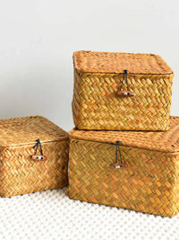Seagrass Woven Storage Basket with Lid for Snacks, Sundries, and Home Organization