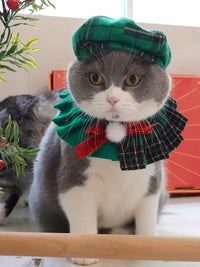 Pet Christmas Octagonal Hat Scarf Collar Set for Cats and Small Dogs, Festive British Style Costume
