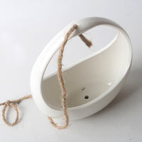 Ceramic Hanging Planter with Rope, Flat White Basket for Balcony & Indoor Plants