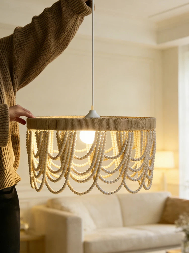 Bohemian American Retro Wood Bead Chandelier for Bedroom Study Living Room