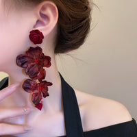 Red Rose Long Dangle Earrings Vintage Exaggerated Vacation Style Beach Statement Earrings for Women