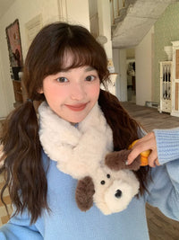 Japanese Style Puppy Plush Cross Scarf for Women, Thickened Warm Winter Neck Warmer