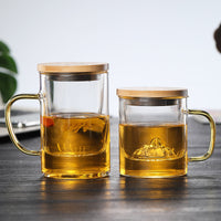 Borosilicate Glass Tea Infuser Mug with Bamboo Lid - Mountain View Design