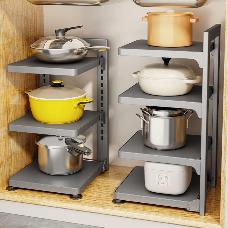 Foldable Multi-functional Kitchen Pot Rack Organizer, Under Sink Countertop Storage Shelf, Gunmetal Grey