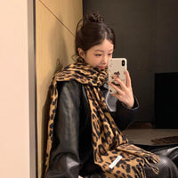 Leopard Print Faux Cashmere Scarf for Women, Winter Warm Plush Neck Warmer
