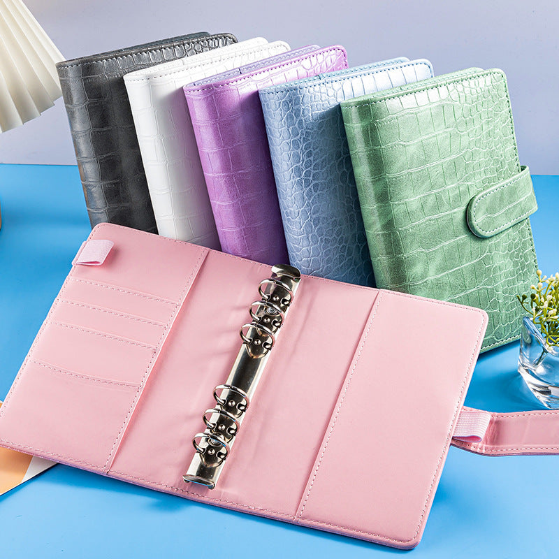 A6 6-Hole Crocodile Pattern Binder Notebook with Zipper Pockets for Cash Storage and Journaling