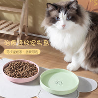 Ceramic Pet Bowl Shallow Dish for Cats and Small Dogs, Anti-Tip Glazed Cartoon Design