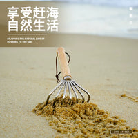 Seashell Clam Rake with Wooden Handle, Stainless Steel Garden Soil Loosening Tool