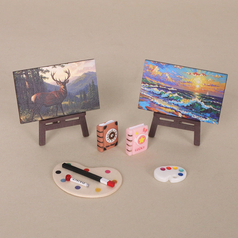 Miniature Dollhouse Easel Oil Painting Palette Book Model Christmas Decor
