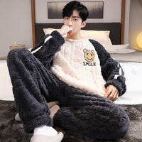 Men's Coral Fleece Pajama Set Thickened Warm Flannel Loungewear for Autumn Winter