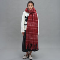 Plaid Wool Blend Tassel Scarf for Winter, Korean Style Mohair Warm Neck Wrap for Men and Women