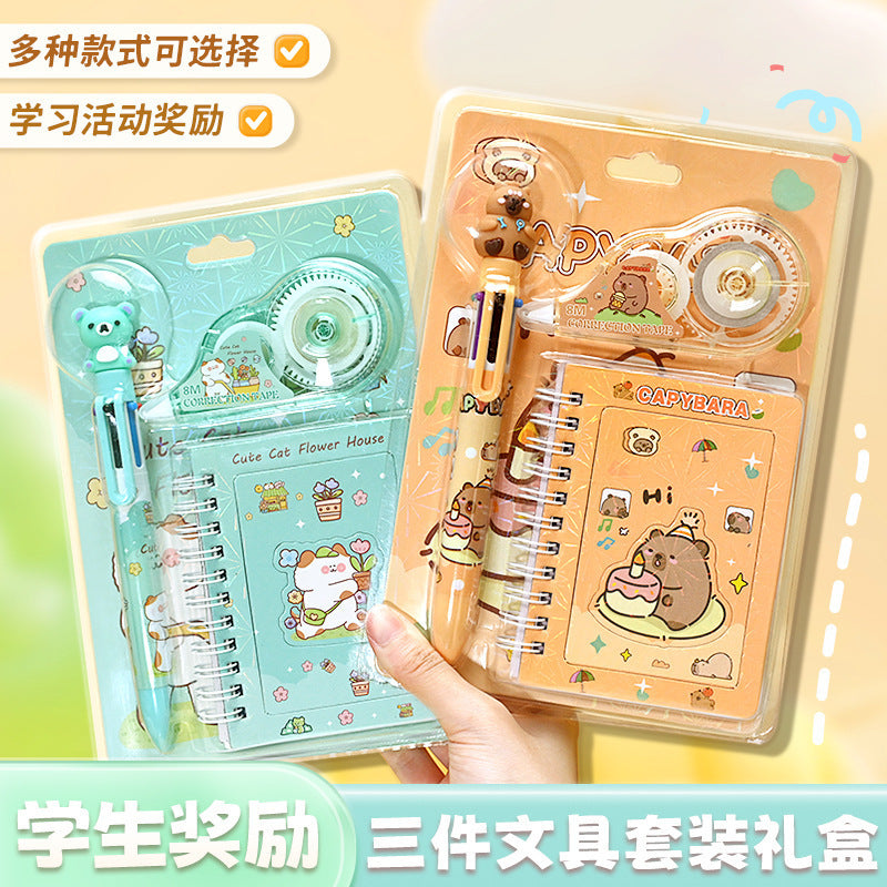 Cartoon Stationery Set for Students - Ballpoint Pen & Notebook Gift Box (3-Piece Set)