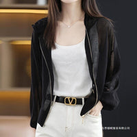 Women's Hooded Ice Silk Zipper Cardigan, Breathable Sun Protection Knit Jacket with Bubble Sleeves