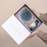 Kiln-Glazed Ceramic Coffee Cup and Saucer Set, 240ml, Luxury Latte Cups with Gift Box