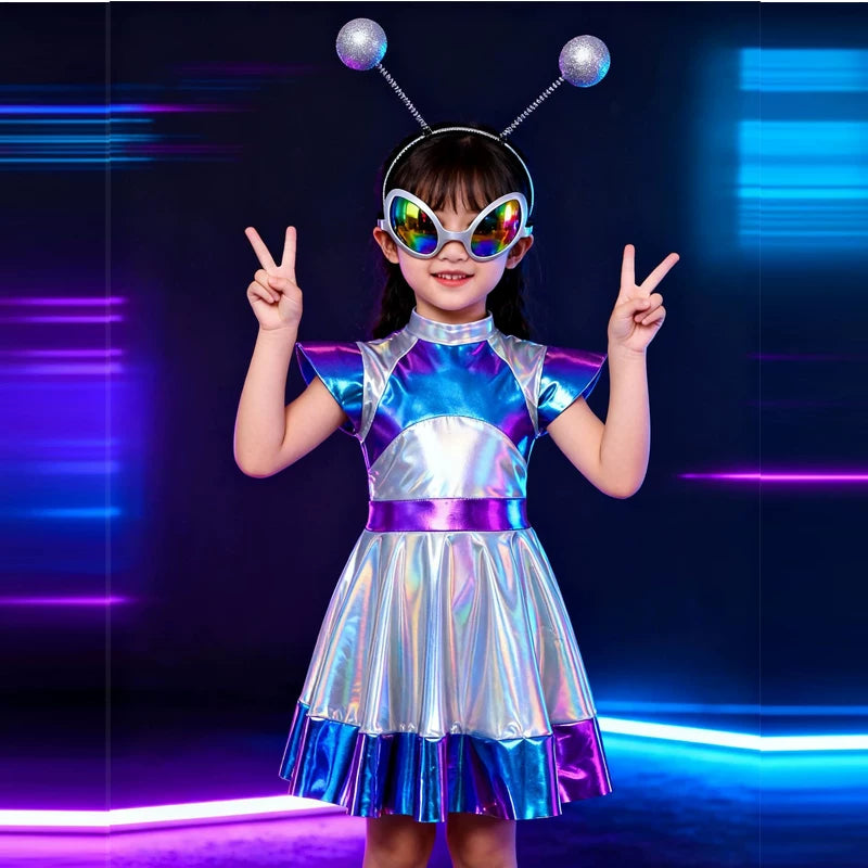 Kids Alien Robot AI Costume Halloween Role Play Party Outfit with Glasses and Headpiece